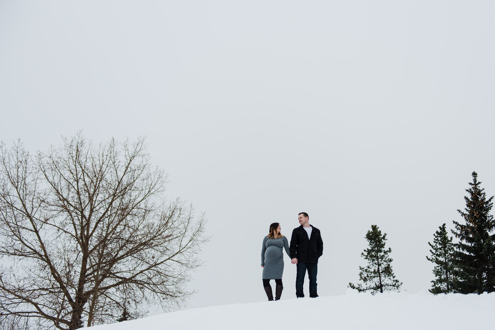 A couple stand on a hill at Woodbridge Farms park in Sherwood Park for their maternity photos