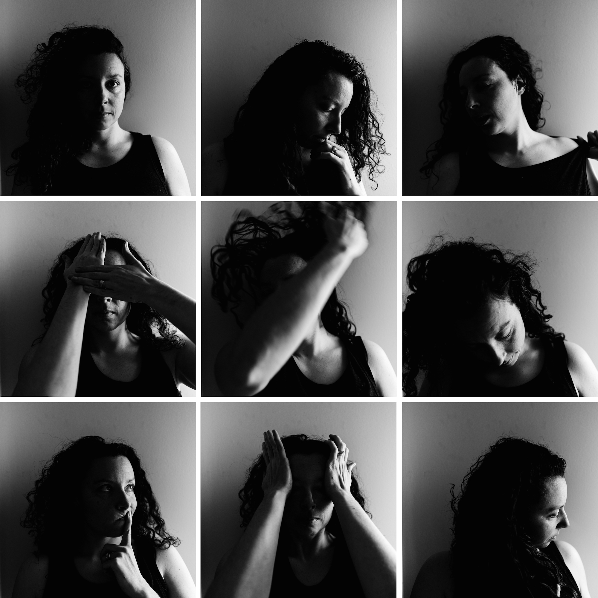 black and white self portrait collage of a curly haired woman. 