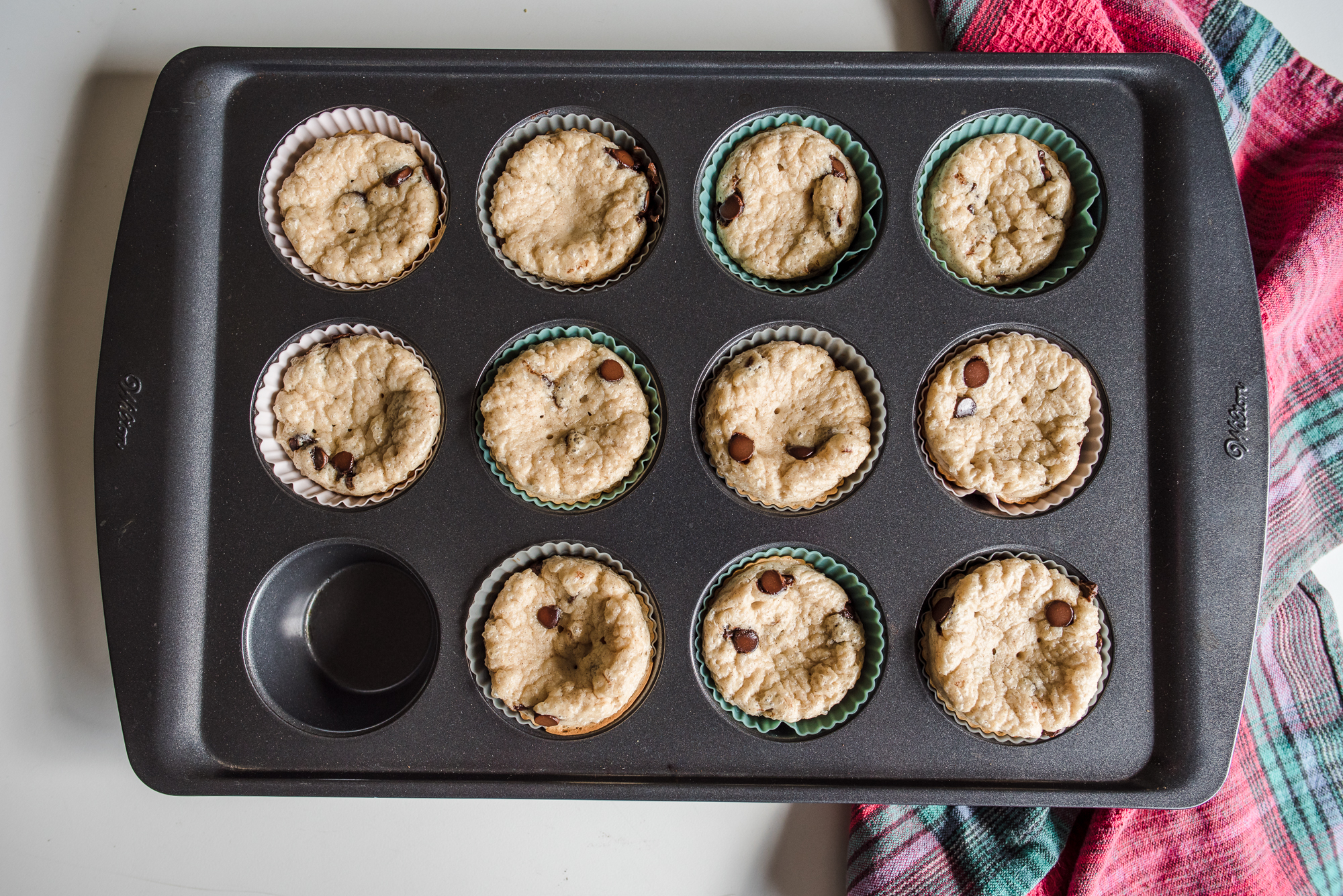 a tray of 3 ingredient pancake muffins. High protein muffins