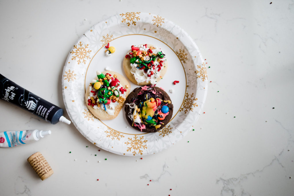 Messy decorated Christmas cookies. 
