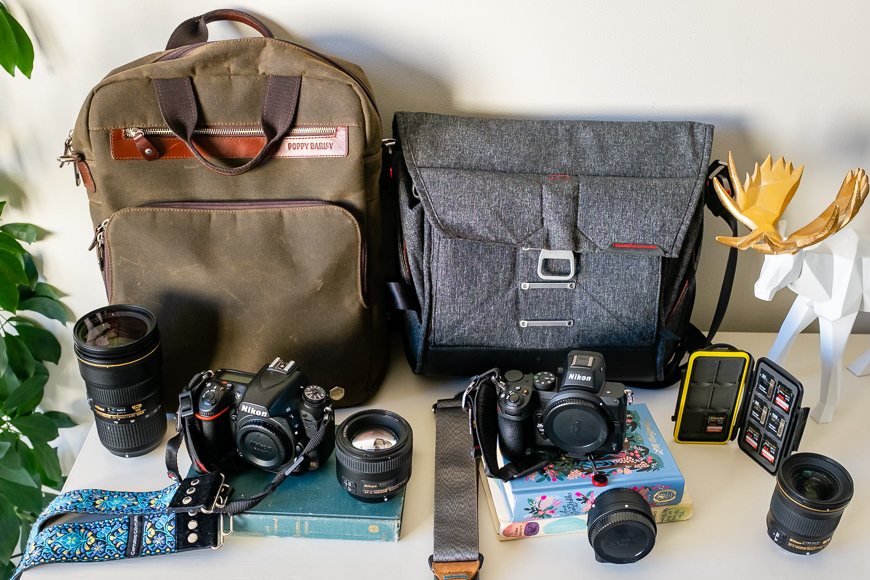 Lifestyle newborn and family photographer Kelly Marleau's camera bag, lenses and Nikon camera bodies. 
